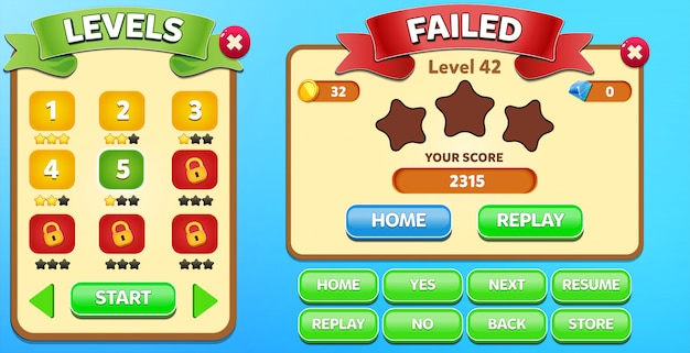 level selection and failed menu pop up with stars score and buttons gui