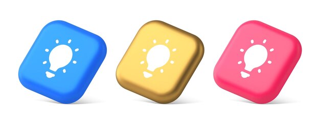 Light bulb illuminated innovation idea button brainstorming creative solution 3d realistic icons