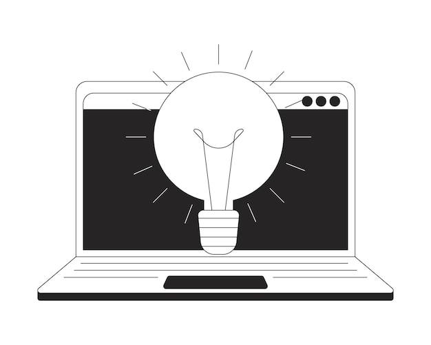 Lightbulb idea against open laptop screen black and white 2D line object