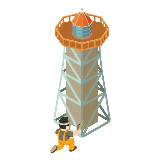 Lighthouse repair icon isometric vector Welder carries welding work near beacon Construction repair reconstruction