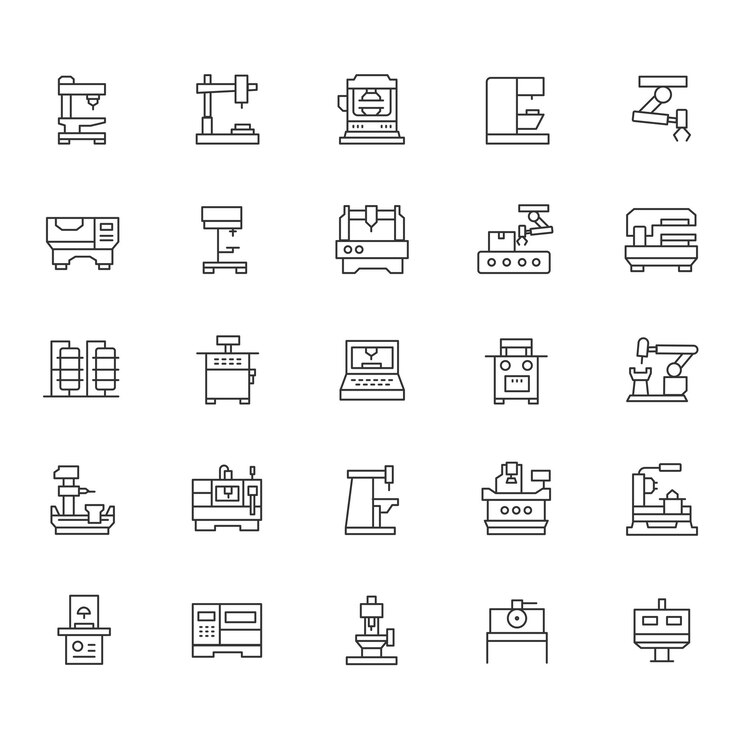 Vektor line art cnc machines icons vector illustration milling lathe router plasma cutter