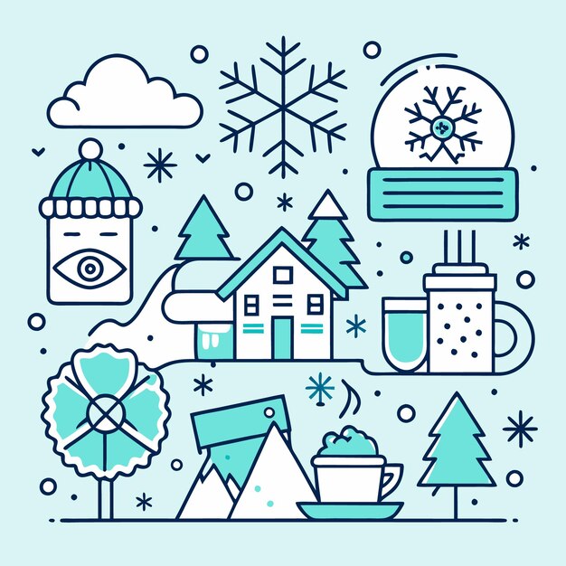 Line art illustration of winter with snow house coffee and snowflake