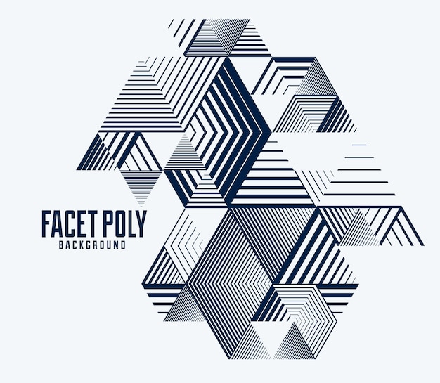 Line design 3D cubes and triangles abstract background, polygonal low poly isometric retro style template. Stripy graphic element isolated. Template for poster or banner, cover or ad.