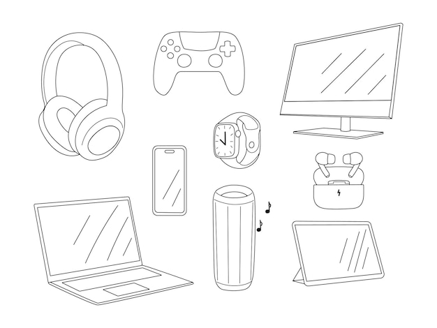Linear set of digital gadgets including smartphones laptops tablets and headphones Vector illustration for modern technology electronics and minimal tech design