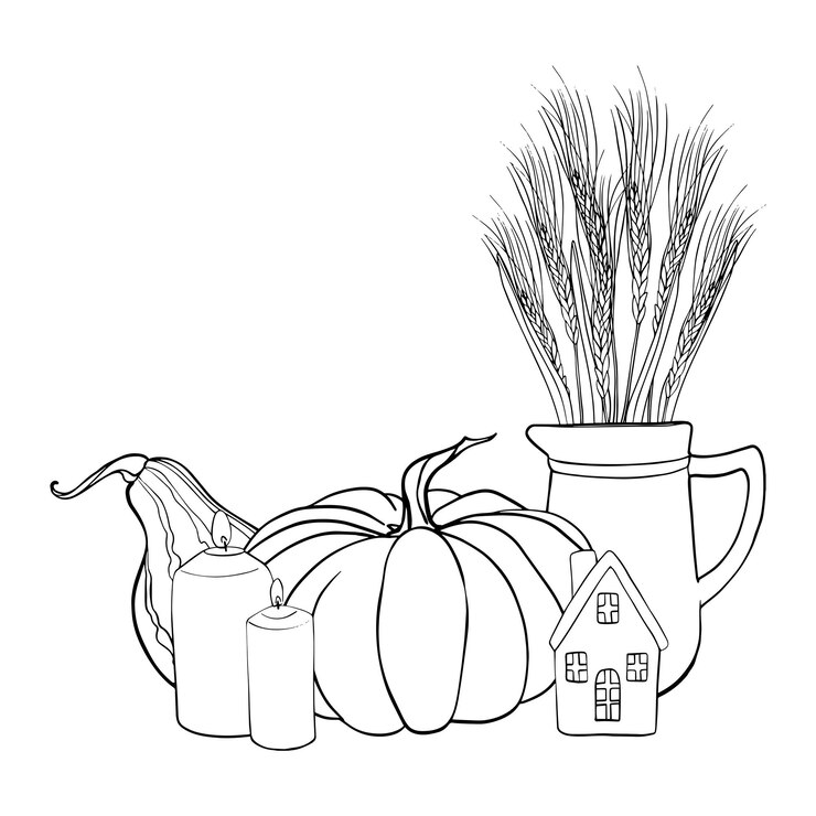 Vektor linear sketch of a pumpkin composition and wheat ears in the jug autumn illustration vegetables painted by black inks contour linear drawing engraving for designs fall harvest and thanksgiving day