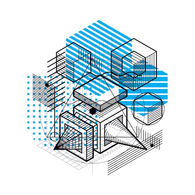 Lines and shapes abstract vector isometric 3d background. Layout of cubes, hexagons, squares, rectangles and different abstract elements.