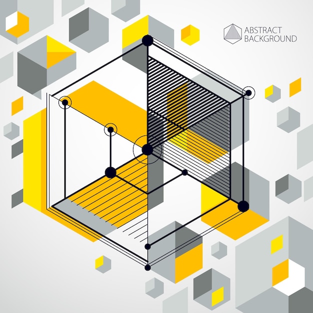 Lines and shapes abstract vector isometric 3D yellow background. Abstract scheme of engine or engineering mechanism. Layout of cubes, hexagons, squares, rectangles and different abstract elements.