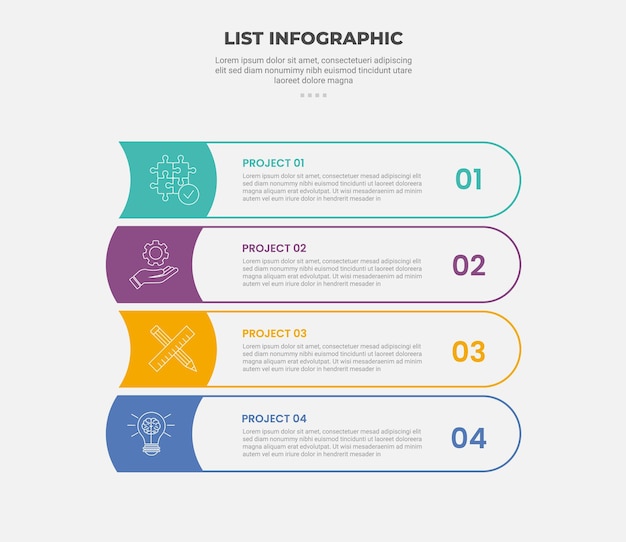 list vertical stacked process infographic outline style with 4 point template with round rectangle container with swirl smooth badge for slide presentation