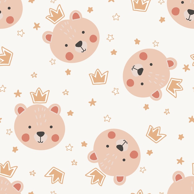 Little bear princess with crown seamless pattern Cartoon Funny baby print Cute animal Creative nursery wallpapers Boho style