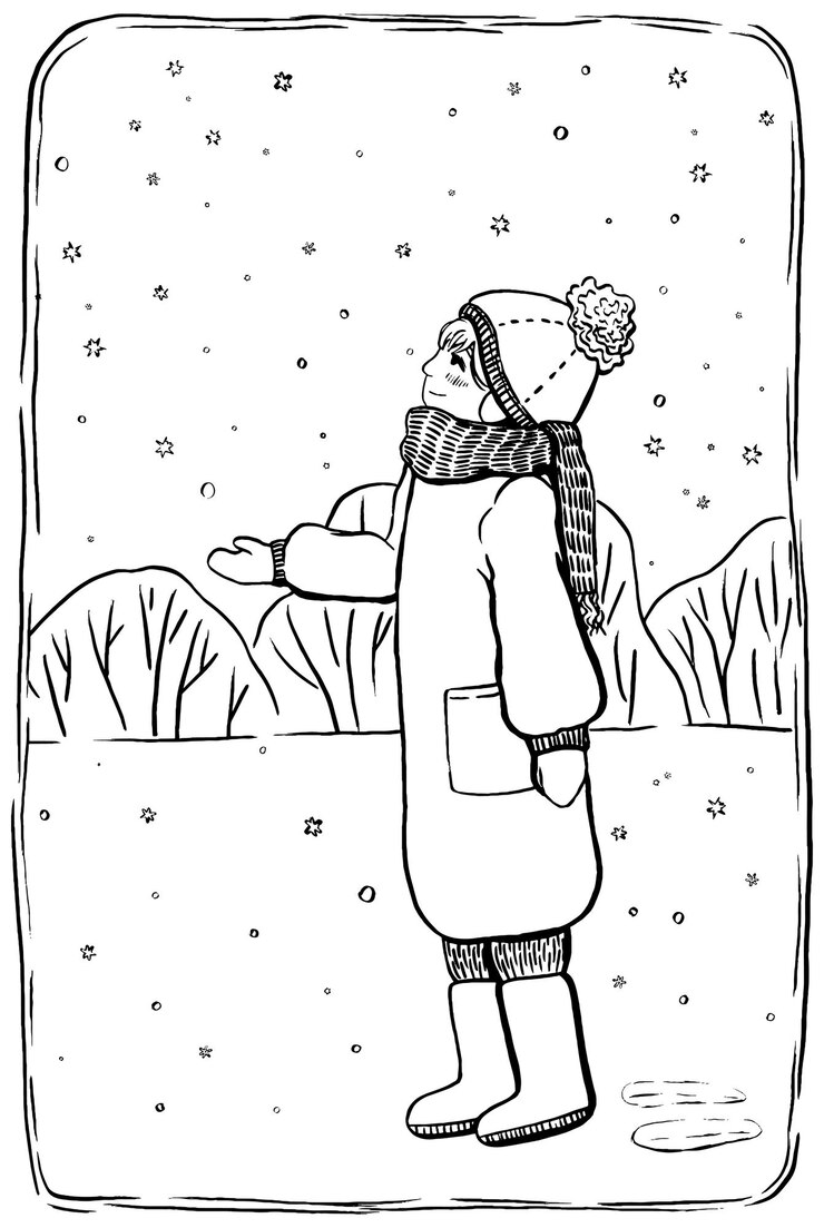 Vektor little girl walking during a snowfall. winter time aesthetic. happy childhood concept. sketch style vector illustration. outline retro drawing.