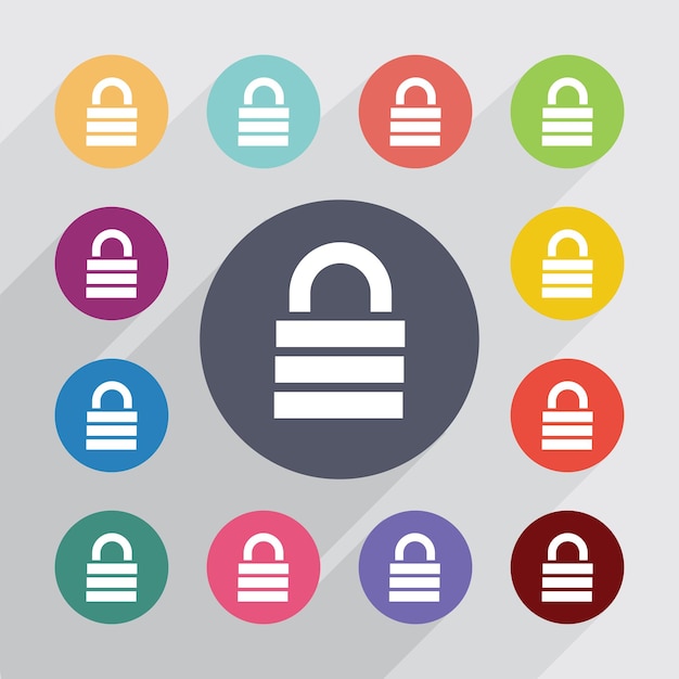 lock, flat icons set. round colourful buttons. vector