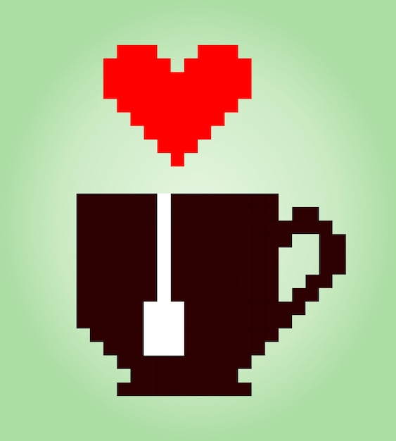 Logo image of a cup of 8 bit pixel tea Drink in vector illustrations for the game icon