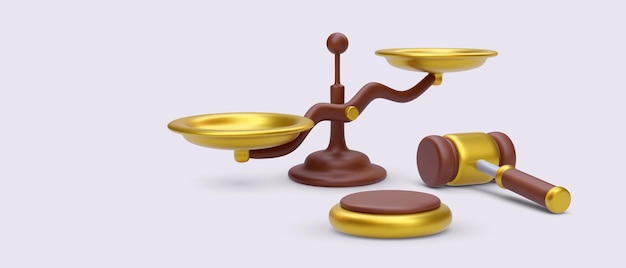 Lov og rettferdighet konsept med vekter og hammer i tegneserie 3D-realistisk stil. Vektorillustrasjon