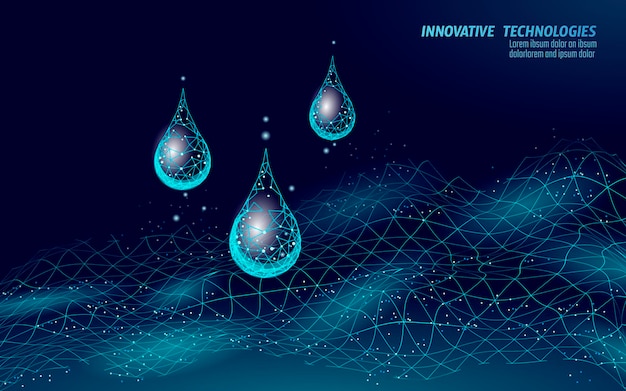 Low poly model waterproof fabric technology Dark blue wire mesh futuristic digital water drop repellent textile properties vector illustration