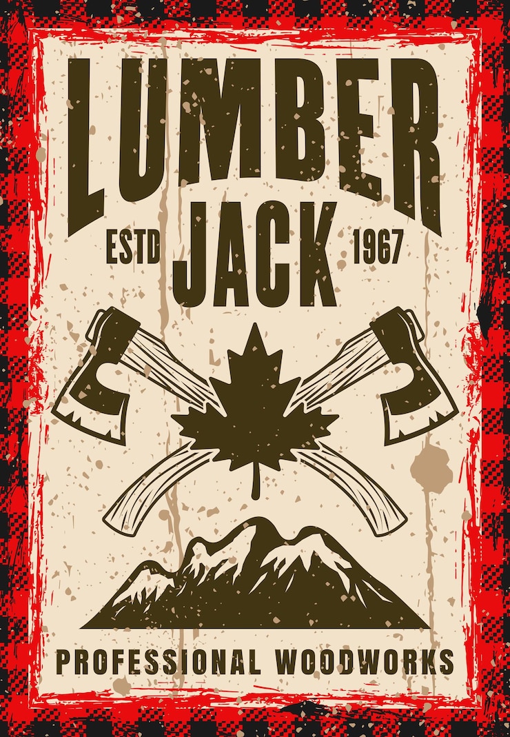 Vektor lumberjack vector poster in vintage style with two crossed axes, mountains and maple leaf. layered, separate grunge texture and text