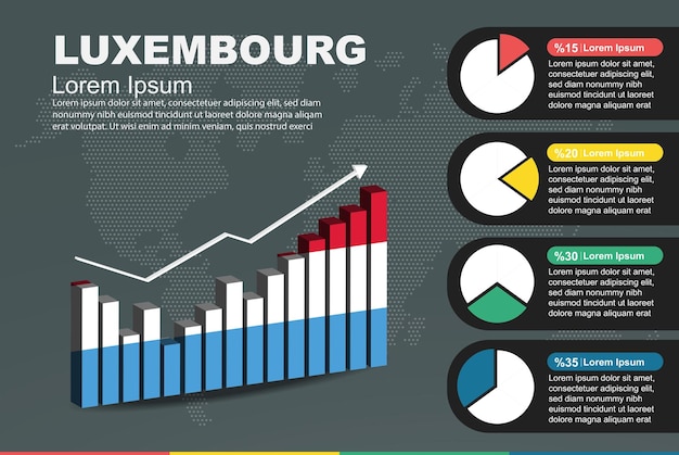 Luxembourg infographic with 3D bar and pie chart increasing values flag on 3D bar graph