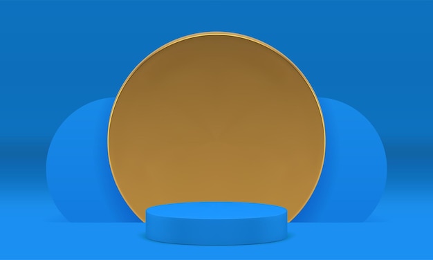 Luxury blue 3d showroom cylinder podium pedestal with round wall background realistic vector
