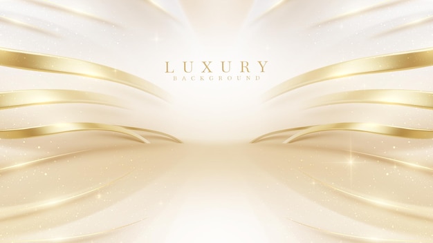 luxury cream color background with golden line elements and curve light effect decoration and bokeh