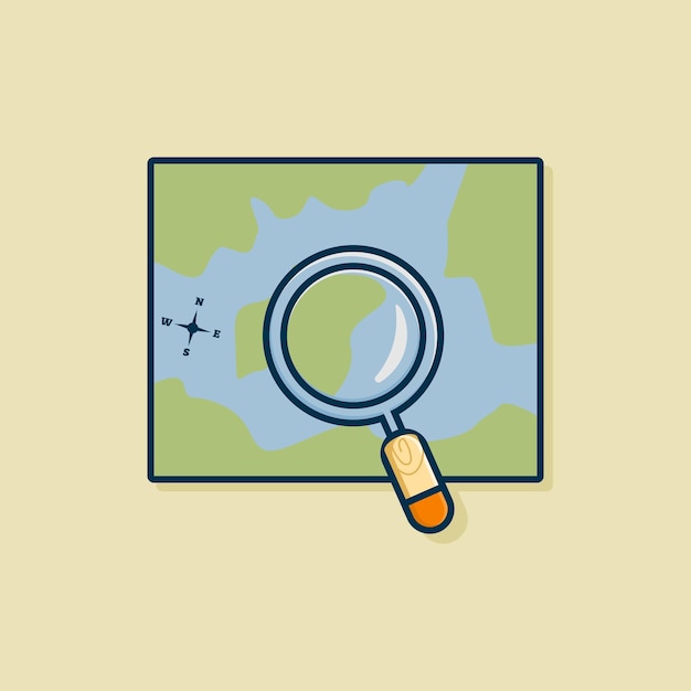 magnifying glass and map cartoon drawing vector illustration