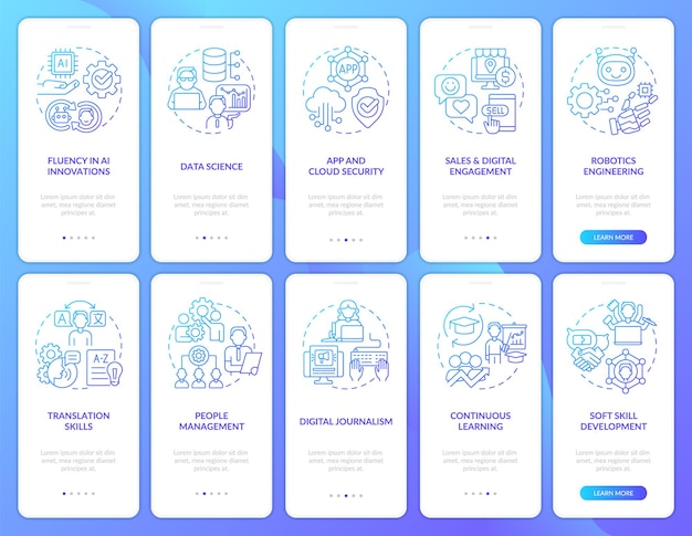 maintaining prof skills blue gradient onboarding mobile app screen set
