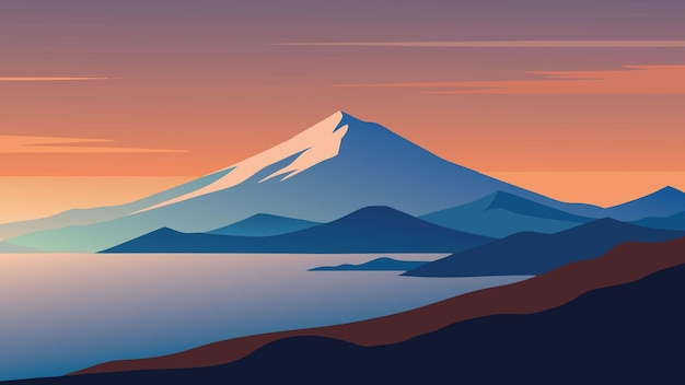Majestic mountain view overlooking the serene sea with gentle waves glistening under the sunlight in the distance flat vector illustration