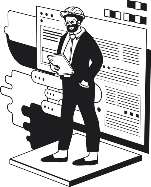 Male engineer creating blueprints and plans illustration in doodle style