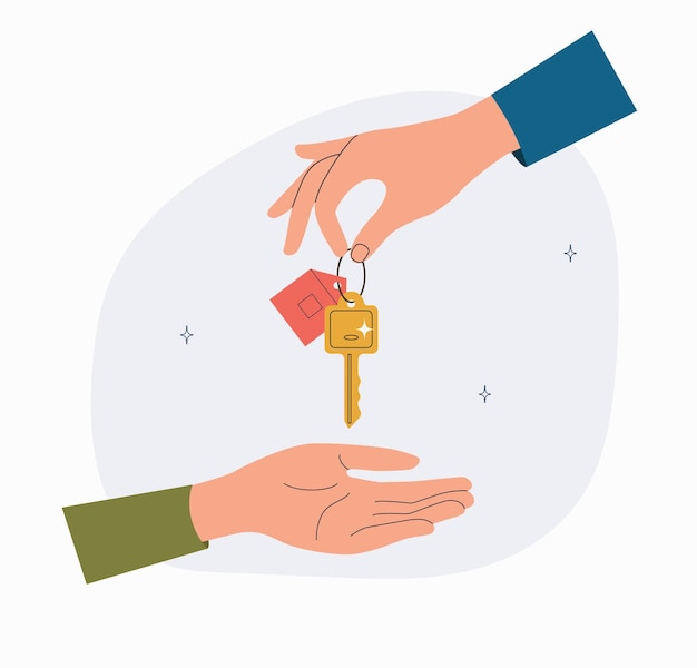 Male hand holding key Man gives key to the house Flat style cartoon vector illustration