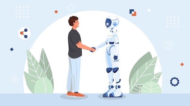 man and robot shaking hands full growth partnership between man humanoid robots