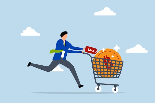 man buys cryptocurrency Bitcoin in shopping cart to speculate on future earnings