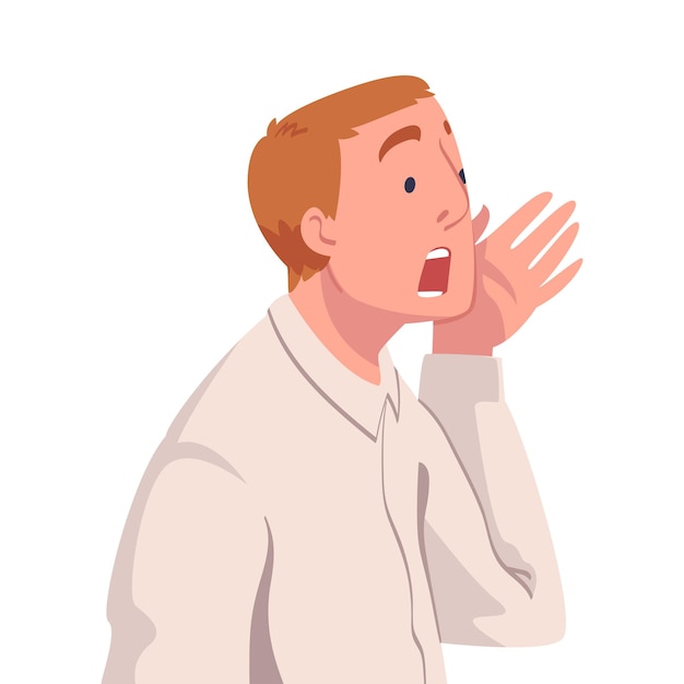 Man Character with Wide Open Mouth Shouting or Screaming Loud Holding Hand Near Mouth Vector Illustration