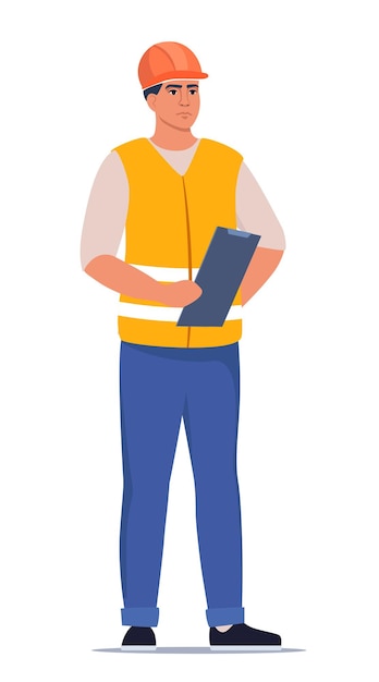 Man engineer Construction Worker in uniform and orange protective helmet holding clipboard