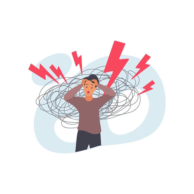 man holding head in panic and anxiety over male character lightning and chaos of thoughts