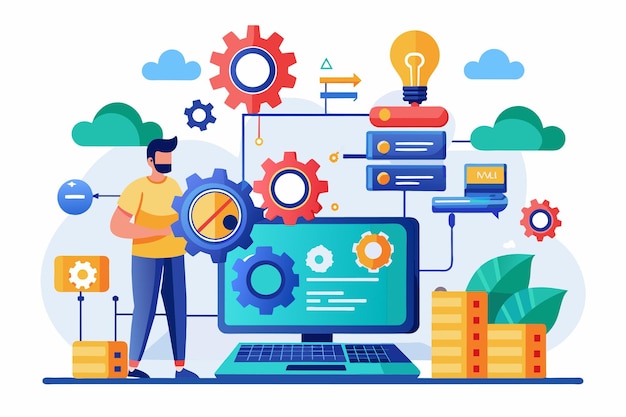 Man Holding Magnifying Glass in Front of Computer Screen System repair consulting concept Simple and minimalist flat Vector Illustration
