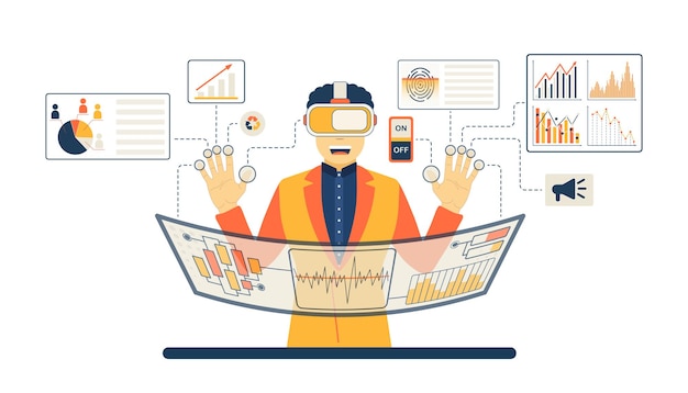 man in the world of virtual reality in vr glasses. visual data concept. managing metadata by hand