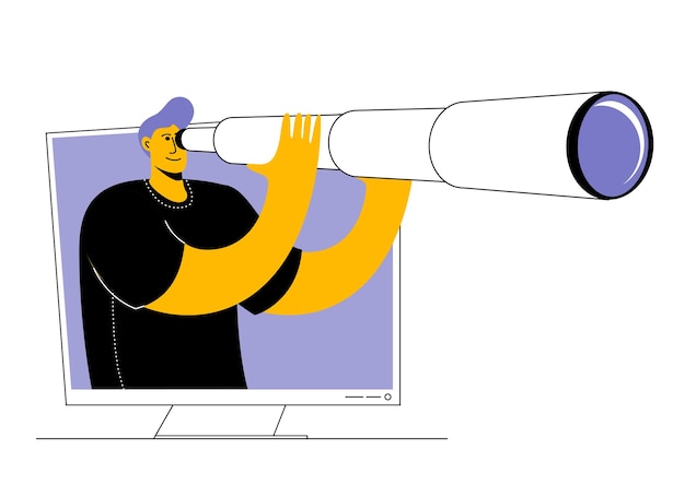 Man in Tshirt looks through telescope from computer monitor