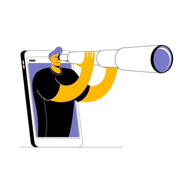 Man in Tshirt looks through telescope from smartphone