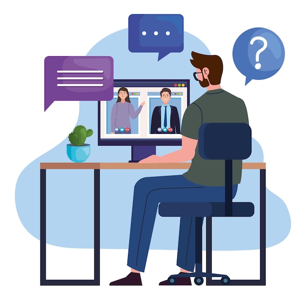 Man in video call with computer