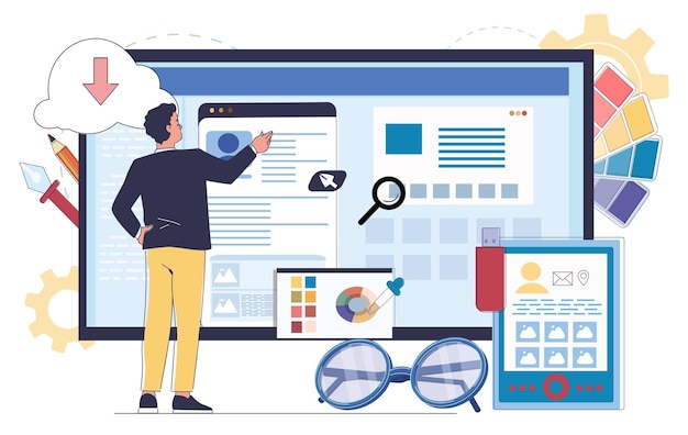 Man interacting with large screen full of ui elements flat graphic style white background concept of