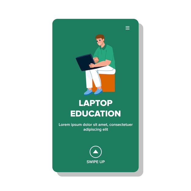 Man Laptop Education And Online Webinar Vector. Young Boy Student Remote Laptop Education And Studying Science. Character Using Computer For Learning Educational Lesson Web Flat Cartoon Illustration