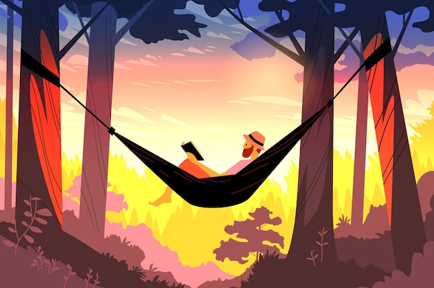 Man relaxing in hammock reading book in forest at sunset colorful nature landscape peaceful outdoor scene