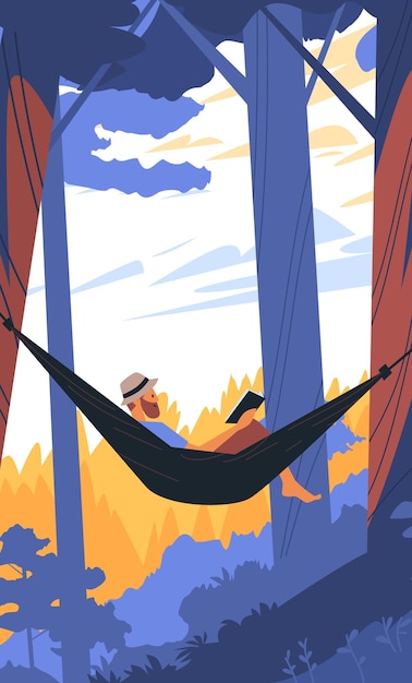 Man relaxing in hammock reading book in forest scenic background with trees and sunset colorful flat design