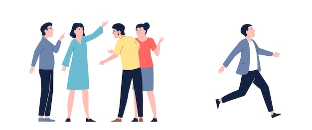 Man run from negative people Angry group and happy guy office team concept Gossip corporate workers and discussion recent vector flat vector scene