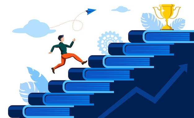 man running on books steps towards success vector illustration concept