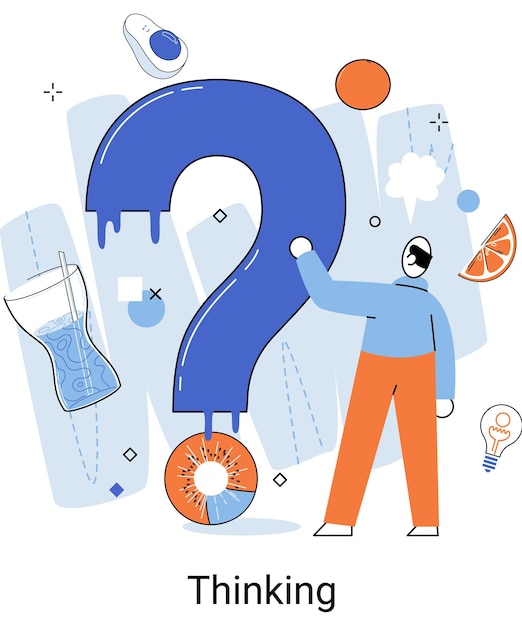Man thinking with question mark and fruits icons looking for an answer to question Problem solving
