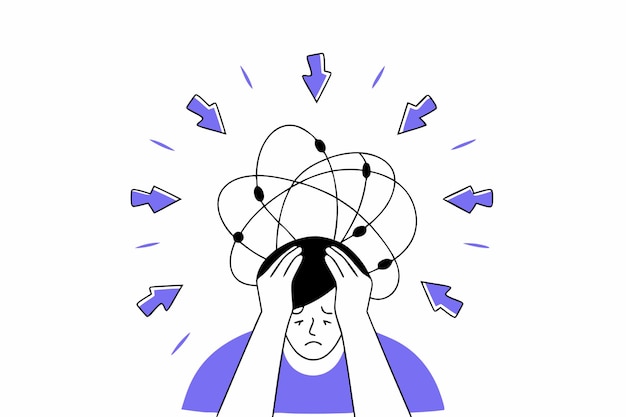 man with anxiety negative emotions tangled thoughts mental health problems vector illustration