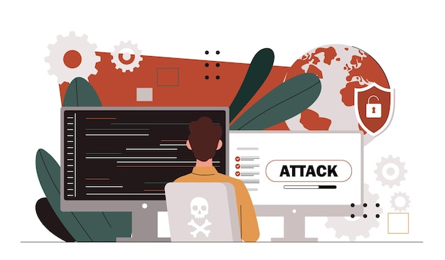 Man with cyber attack young guy write code programmer and it specialist develop antivirus security