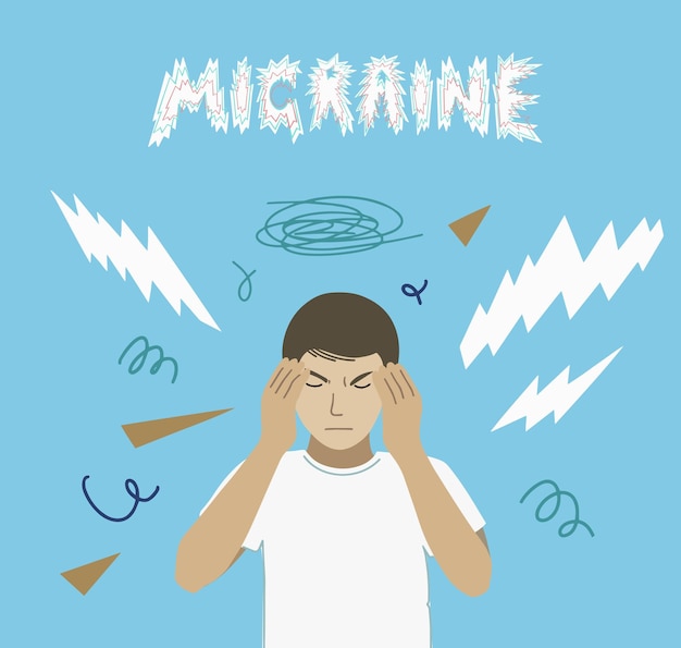 man with migraine headache and aura vector illustration