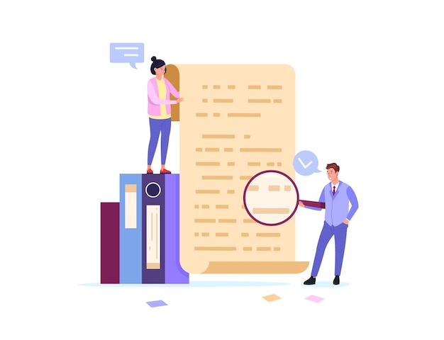 Manager checking contract Proffesional accountant check financial budget document on legal or fraud mistake managers reading statement office paperwork vector illustration