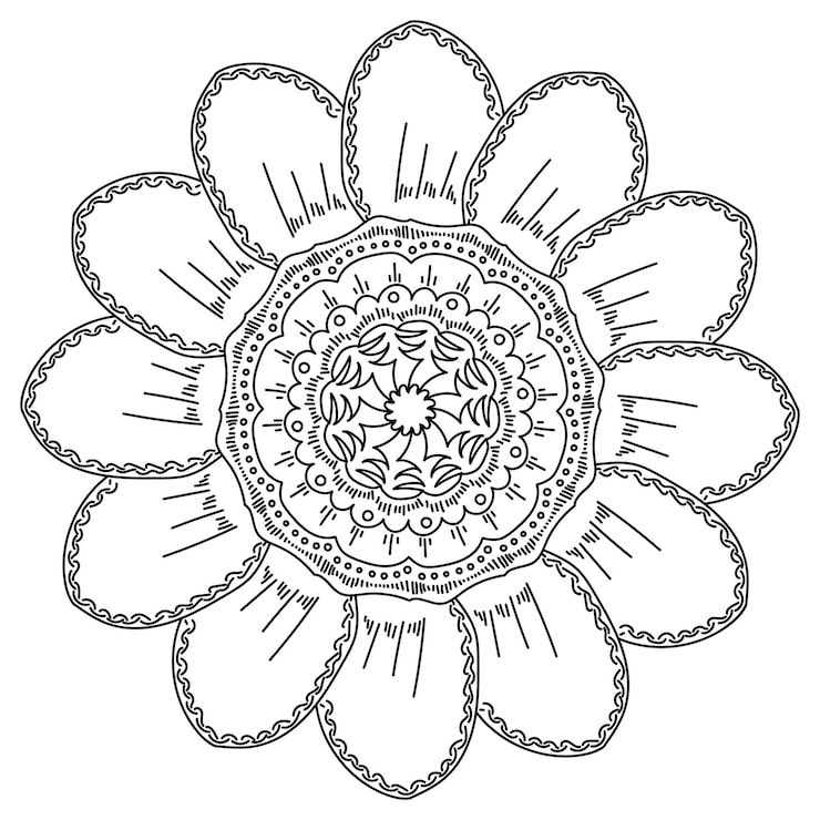 Vektor mandala flower with rounded petals and layered core anti stress coloring page for kids and adults