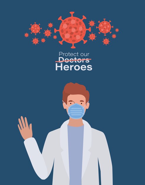 Mannlegehelt med uniform maske og 2019 ncov virus design